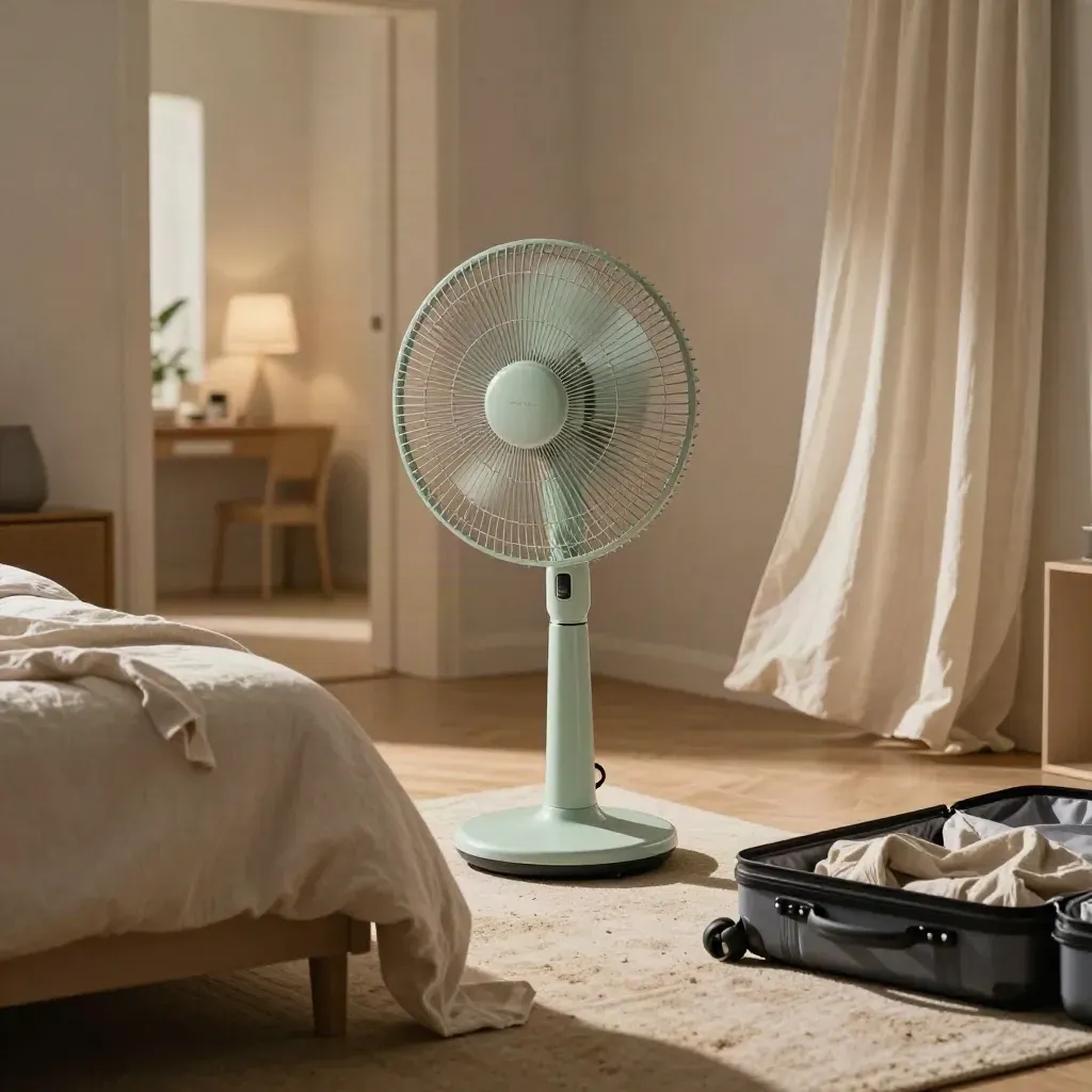 Pedestal fan spinning in a warm guest room beside a suitcase and rumpled bed