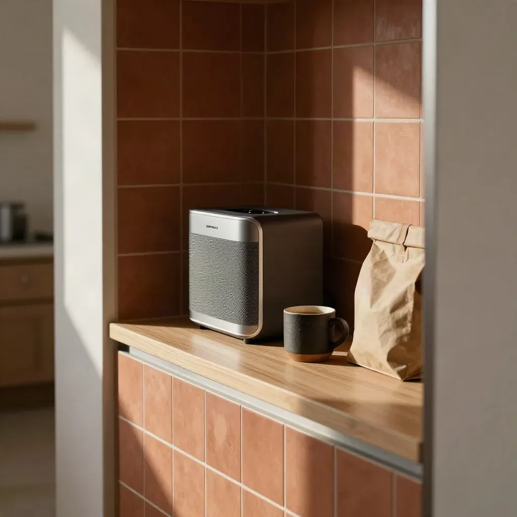 Late-shift kitchen nook with sound machine, mug, lunch bag and a dim hallway in pre-dawn light.
