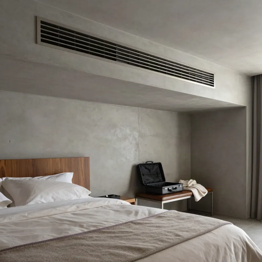 Upward view of a hotel vent above an unmade bed, luggage bench, and lavender-accented hotel room.