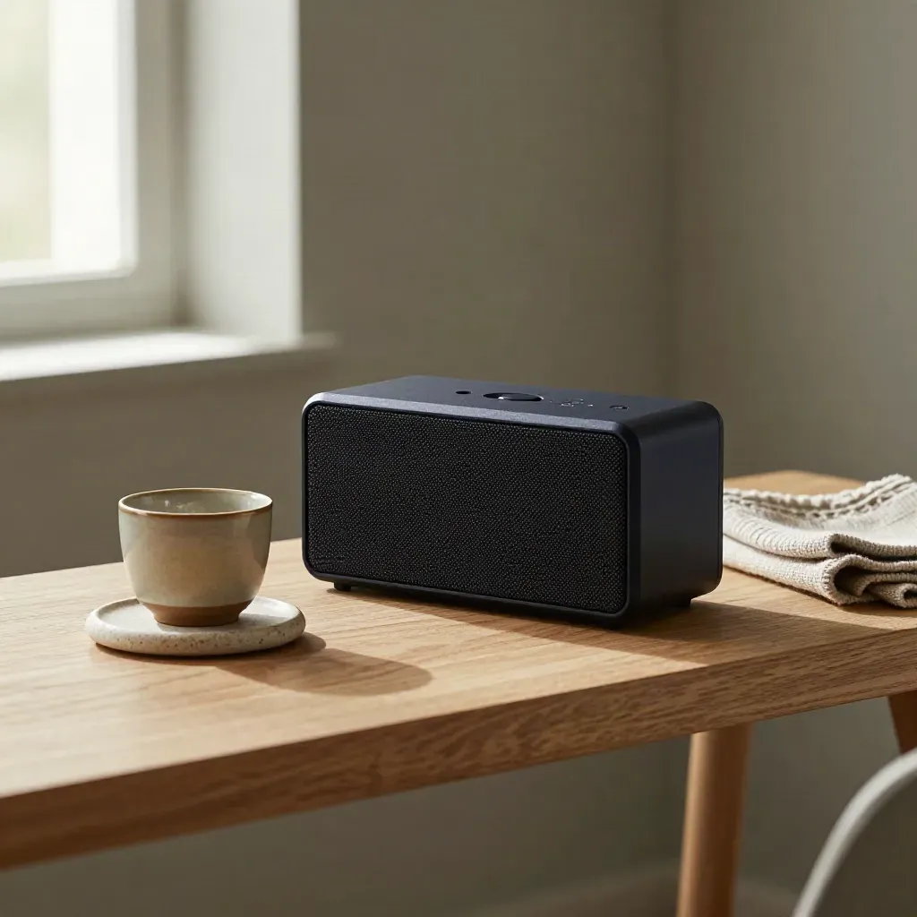 Matte black sound machine with cup, coaster, and wool cloth on pale wood in soft dusk light.